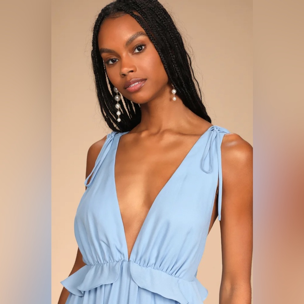 Lulu’s Embrace the Romance Light Blue Backless Wide-Leg Jumpsuit